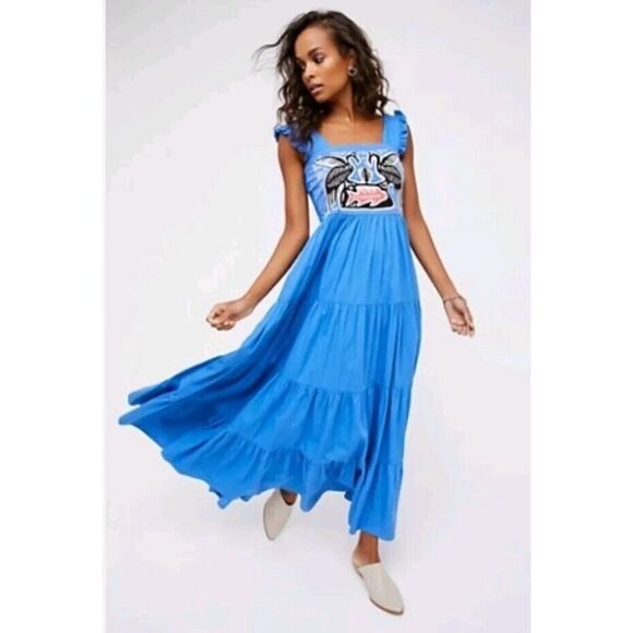 Carolina K KunaβMaxi Dress Blue Boho Tiered Embroidered Bird print Small - Picture 14 of 14